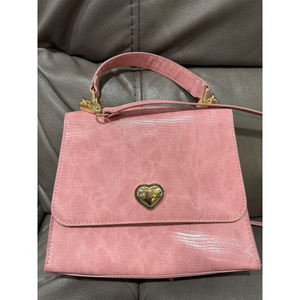 Betsey Johnson Pink Lizard Embossed Heart Logo Top Handle Crossbody Bag Satchelโ
